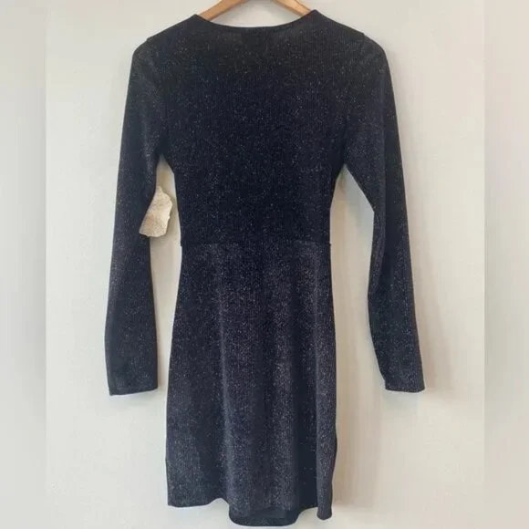 Altar'd State Shimmering Black Stretch Velvet Long Sleeve Mini Dress - Picture 2 of 7
